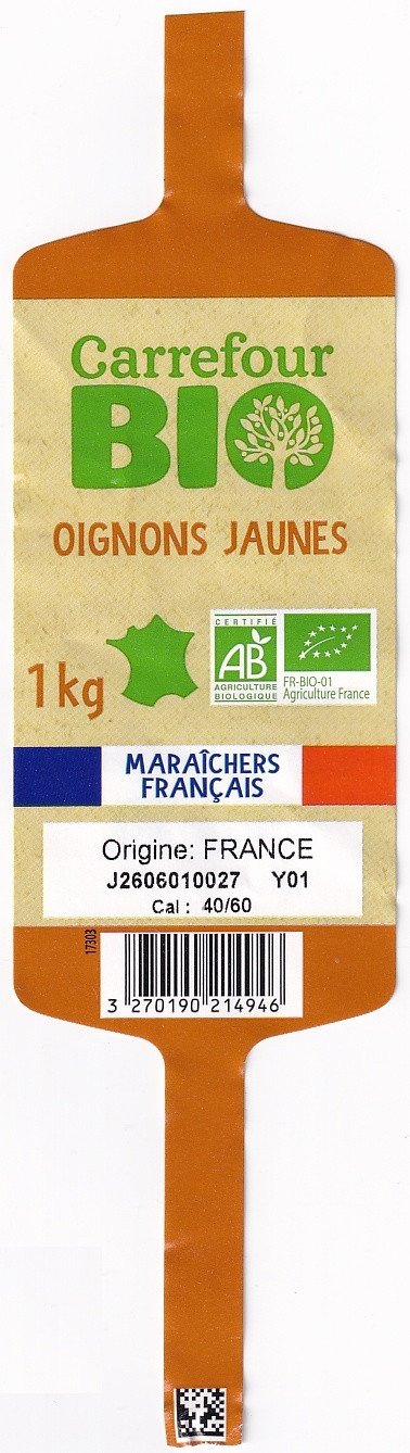 Carrefour bio oignons jaunes maraichers français 1kg 3270190214946