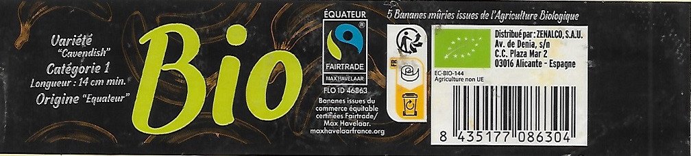 Bio 5 bananes muries issues de l'agriculture biologique origine équateur distribué par: zenalco, s.a.u. av. de denia, s/n variété "cavendish"  8435177086304