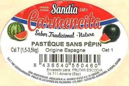 carmencita sandia pasteque sans pepin cal 7 (1,5-3,5kg) origine espagne 8436540550460