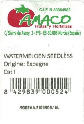 amaco frutas y hortalizas  watermelon seedless origine: espagne cat 1   8 429839 000524
