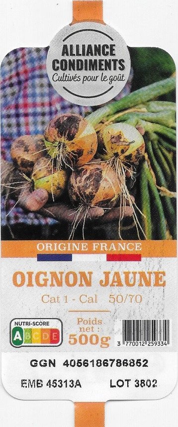 alliance condiments cultivés pour le goût origine france oignon jaune cat 1 cal 50/70 poids net nutri-score arcde 500g 3 770012 259334