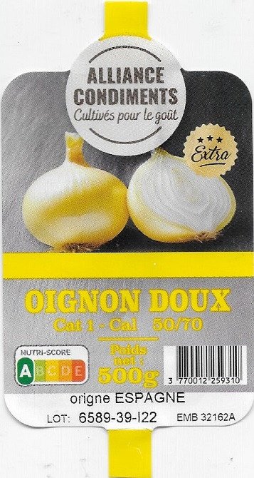 alliance condiments cultivés pour le goût extra oignon doux cat 1 cal 50/70 poids net:  500g 3 770012 259310 origne espagne