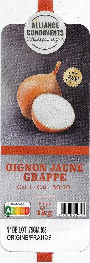 alliance condiments cultivés pour le goût extra oignon jaune grappe cat 1 cal 50/70 poids net: 1kg 3 770012 259327 origine/france