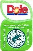 Dole enter your code : 10540 www.dole.com visit my farm! costa rica rainforest alliance people & nature
