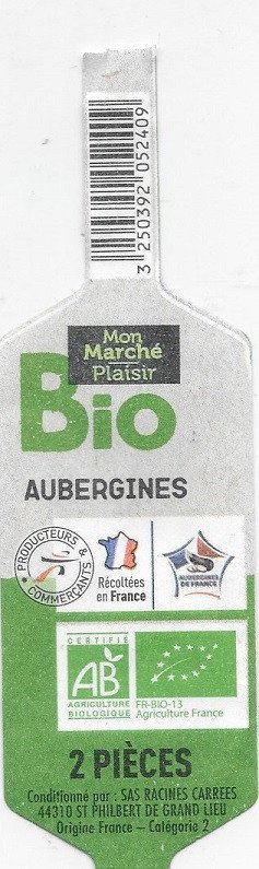 mon marché plaisir bio aubergines récoltées en france  2 pièces  origine france 3250392052409
