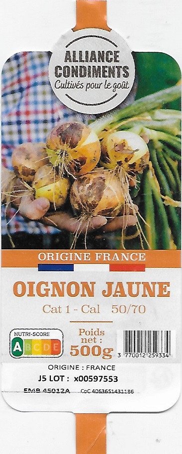 alliance condiments cultivés pour le goût origine france oignon jaune poids net: 500g: 3 770012 259334