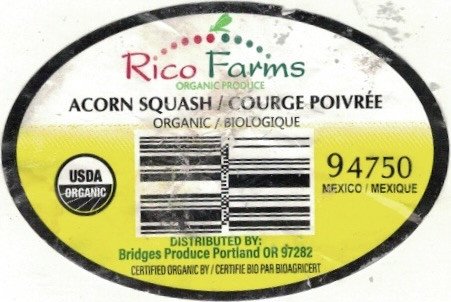 rico rico farms organic produce acorn squash/courge poivrée organic/biologique 94750 usda organic mexico / mexique distributed by: bridges produce portland or 97282 certified organic by/certifie bio par bioagricert