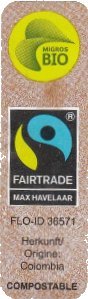 migros bio fairtrade max havelaar flo-id 36571 herkunft/origine : colombia compostable