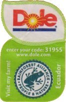 dole enter your code: 31955 www.dole.com visit my farm! rainforest alliance people & nature ecuador